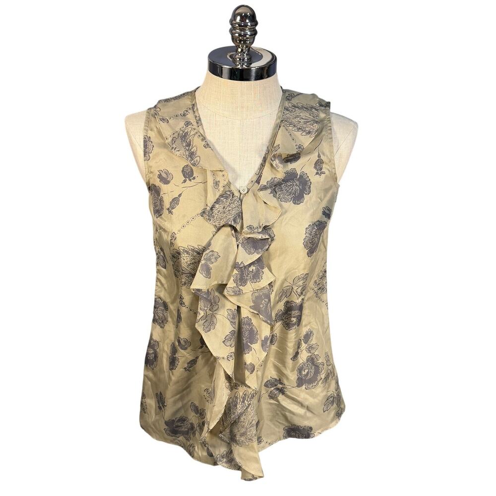 CABI Womens 100% Silk Floral Cream Brown Ruffle Sleeveless Shirt Size Large